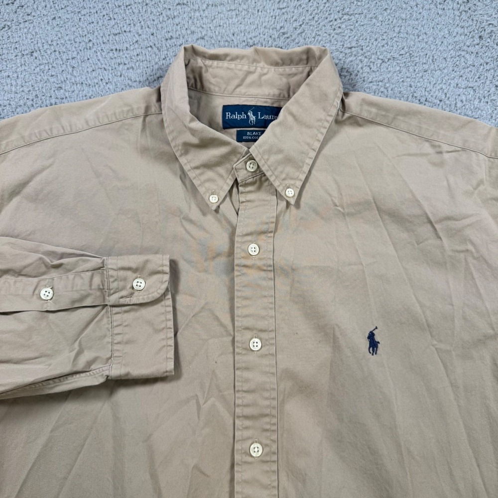 Ralph Lauren Blake Shirt Mens XL Khaki Tan Cotton Long Sleeve Button Down Logo